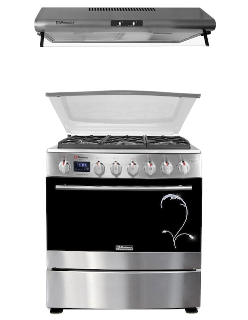 KOBLENZ Combo estufa de piso a gas LP Koblenz 76 cm Berna.SW de 6 quemadores + Campana