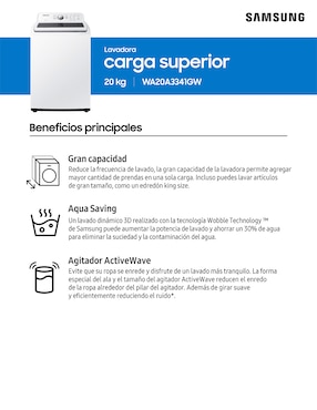 Lavadora Samsung 20 kg automática carga superior wa20a3341gw/ax