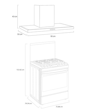 Combo estufa de piso a gas lp Lg Lupin 2 74 cm LG.EST.LRGL5847S+CAM de 5 quemadores + campana
