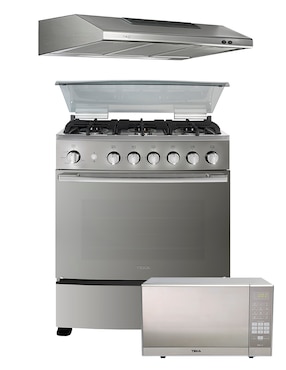 Estufa de piso a Gas LP Teka Estufa 76 cm, campana 76 cm, microondas 51.3 cm FSGG8660+TMX76+MWG11X de 6 quemadores