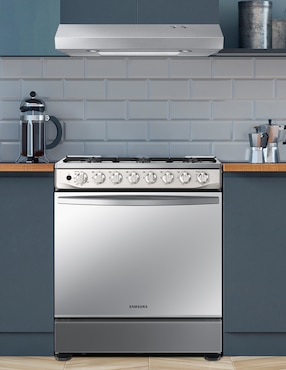 Combo estufa de piso a gas natural/lp Samsung 76.7 cm F-NK30BT5412MS de 6 quemadores + campana