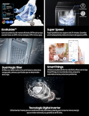 Lavadora Samsung 19 kg automática carga superior
WA19CG6746BVAX