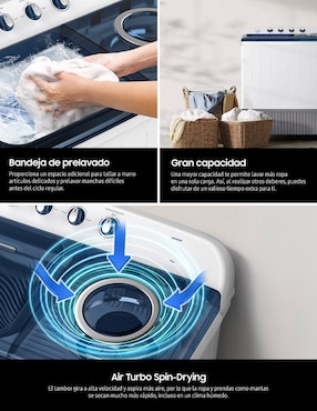 Lavadora doble tina Samsung 21 kg semiautomática carga superior wt21f6300lg/ax