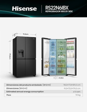 Refrigerador dúplex Hisense 22 pies cúbicos inverter y no frost y fábrica de hielo RS22N6IBX