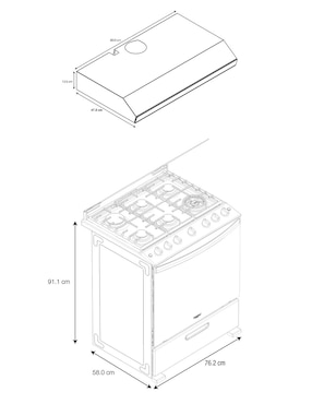 Combo estufa de piso a Gas LP WhirLpool 76 cm CWFR5100S-HH de 6 quemadores+Campana