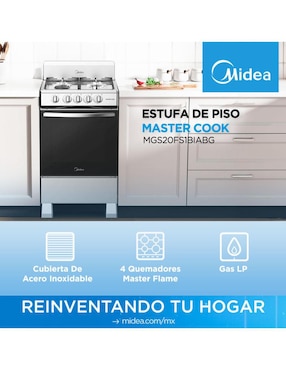 Estufa de piso a gas LP Midea mastercook 55.6 cm MGS20FS1BIABG de 4 quemadores