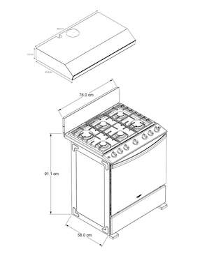 Combo Estufa de piso a Gas LP Whirlpool estufa 76 cm campana 80 cm CWFR3400D-HH de 6 quemadores
