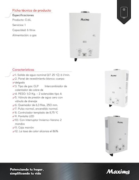 Calentador de paso Maxims 6 L Gas LP