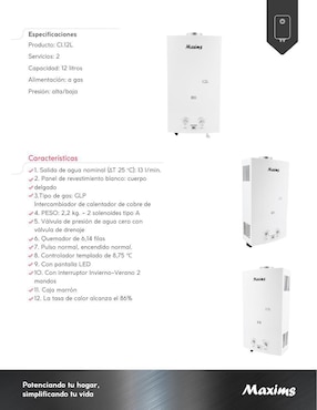 Calentador de paso Maxims 12 L Gas LP