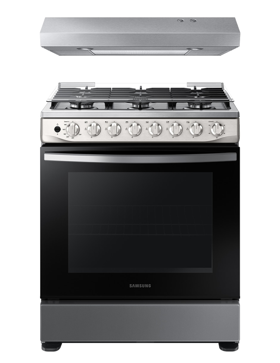 Combo estufa de piso a gas natural/lp 76.7 cm F-NK30BT5411MS de 6 quemadores + campana Combo estufa de piso a gas natural/lp 76.7 cm F-NK30BT5411MS de 6 quemadores + campana