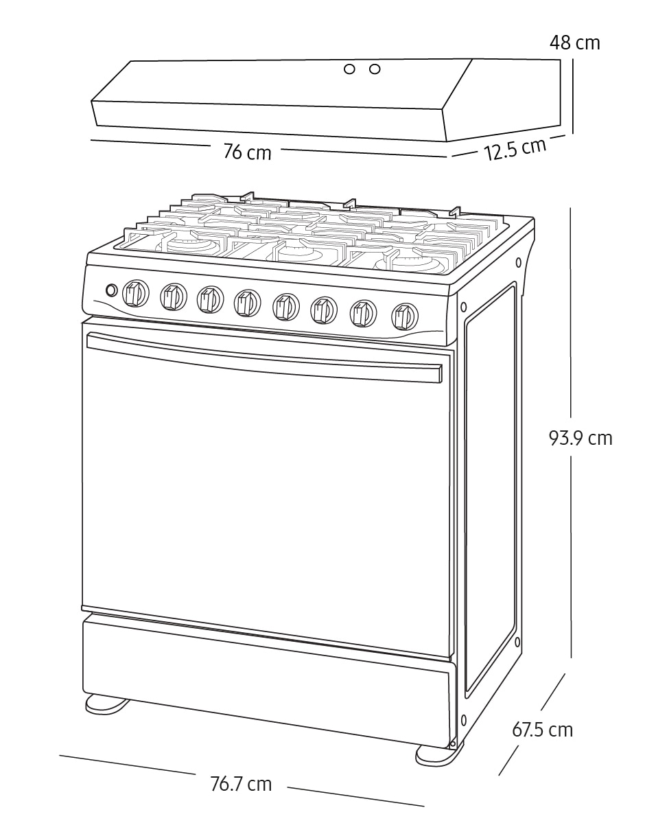 Combo estufa de piso a gas natural/lp 76.7 cm F-NK30BT5412MS de 6 quemadores + campana 7