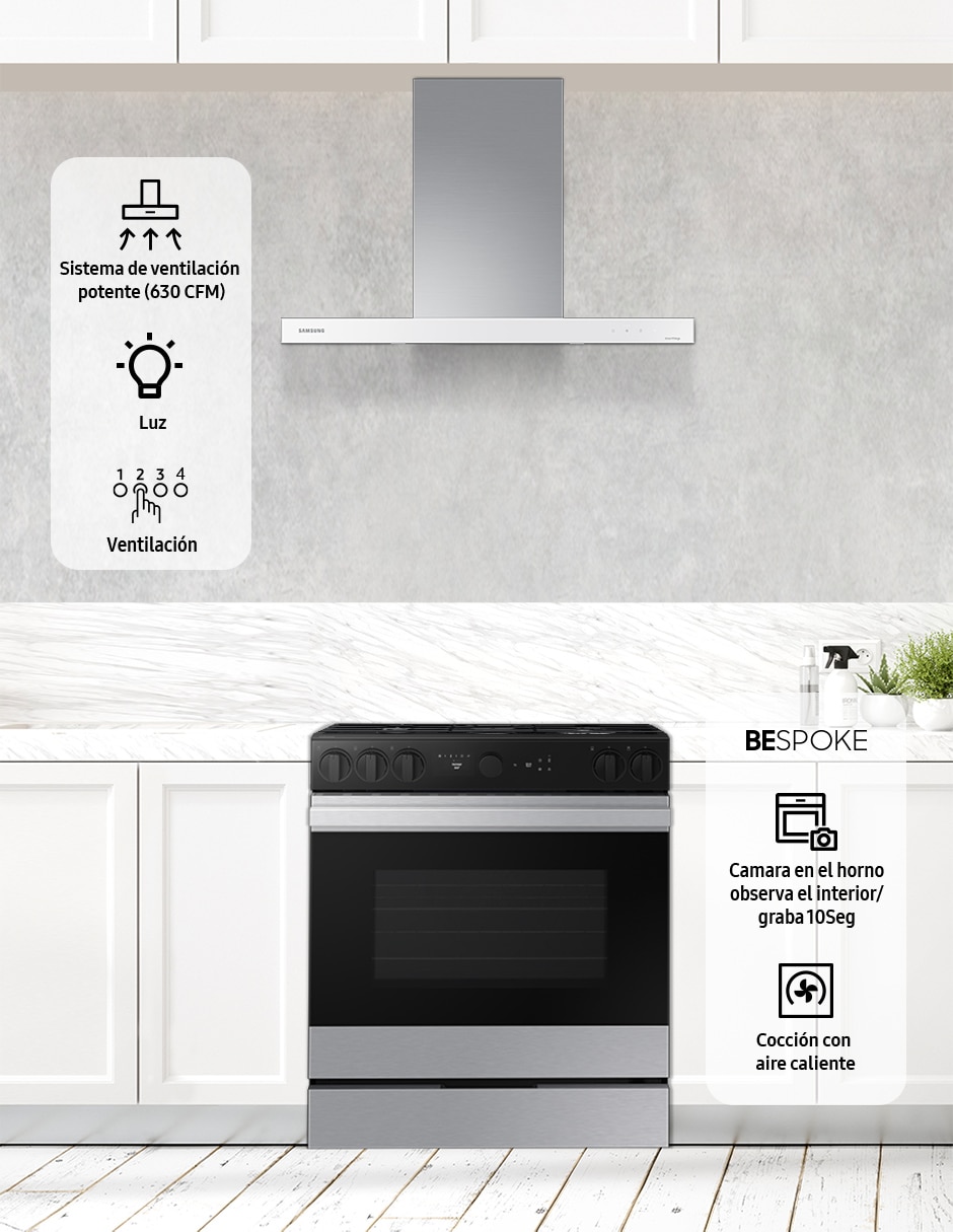 Combo estufa de piso a gas natural/lp Bespoke 76.1 CM F-NSG870SRNK36 de 5 quemadores + campana 6
