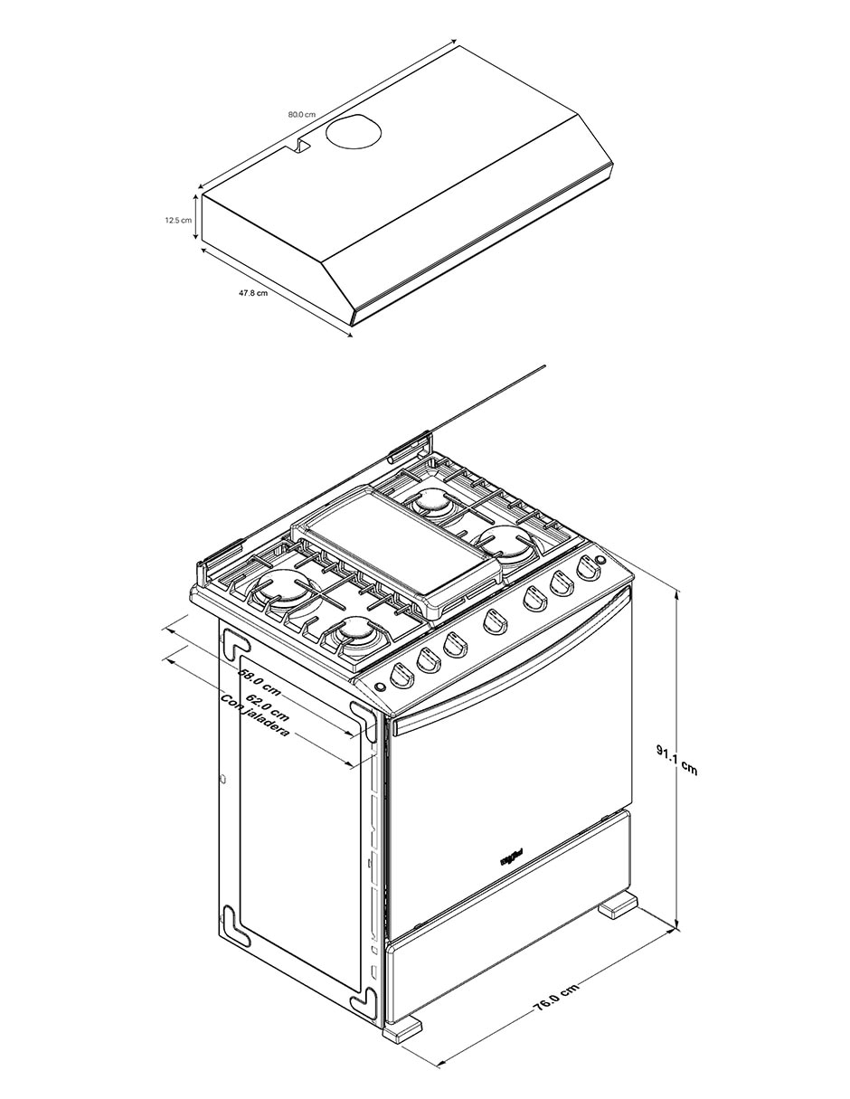 Combo estufa de piso a Gas LP estufa 76 cm campana 80 cm CWFR5200D-HH de 6 quemadores 6