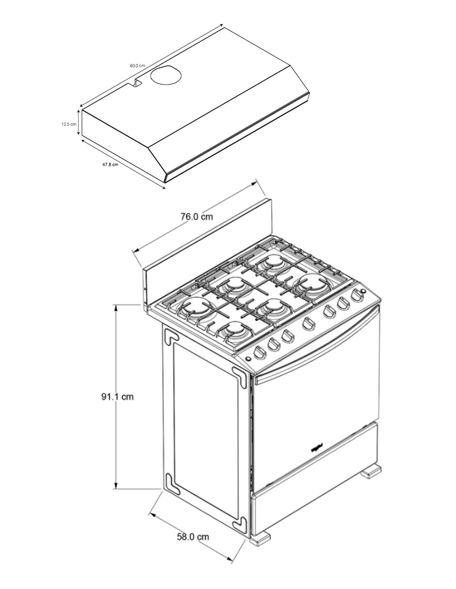 Combo Estufa de piso a Gas LP estufa 76 cm campana 80 cm CWFR3400D-HH de 6 quemadores 6